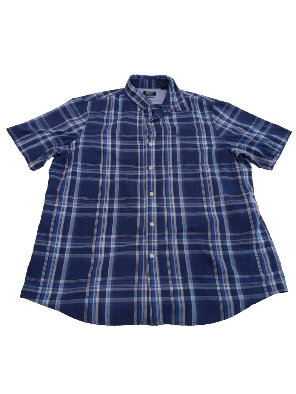 Chaps Shirt Mens XL Blue Plaid Short Sleeve Easy Care Button Down Chest Pocket X